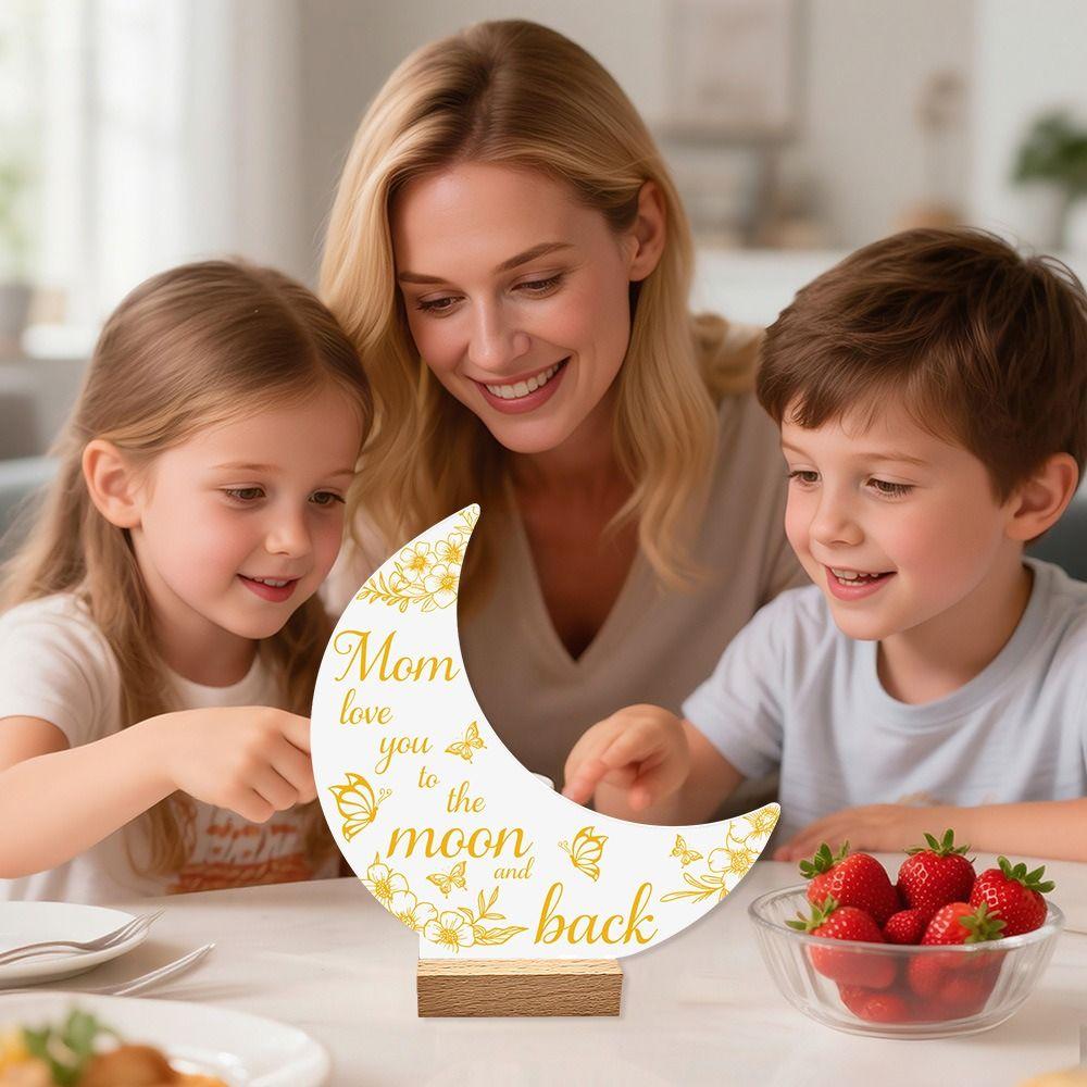 Mother's Day 3D Moon Decorative Ornaments with Wood Base Decorative Figurine Desktop Ornament  Gift