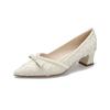 Korean Version Bow Pearl Chain Medium Heel Women's Shoes Fairy Style Temperament High Heels Pointed Thick Heel Temperament Single Shoes Women