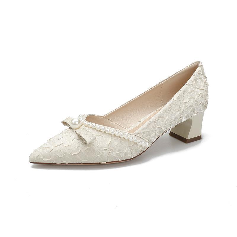 Korean Version Bow Pearl Chain Medium Heel Women's Shoes Fairy Style Temperament High Heels Pointed Thick Heel Temperament Single Shoes Women