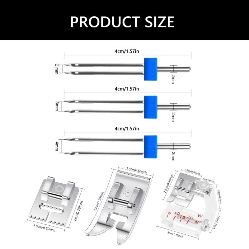 9Pcs Sewing Machine Needle with 3 Sewing Machine Presser Foot 2/90 3/90 4/90 Twin Needle for Household Sewing Machine