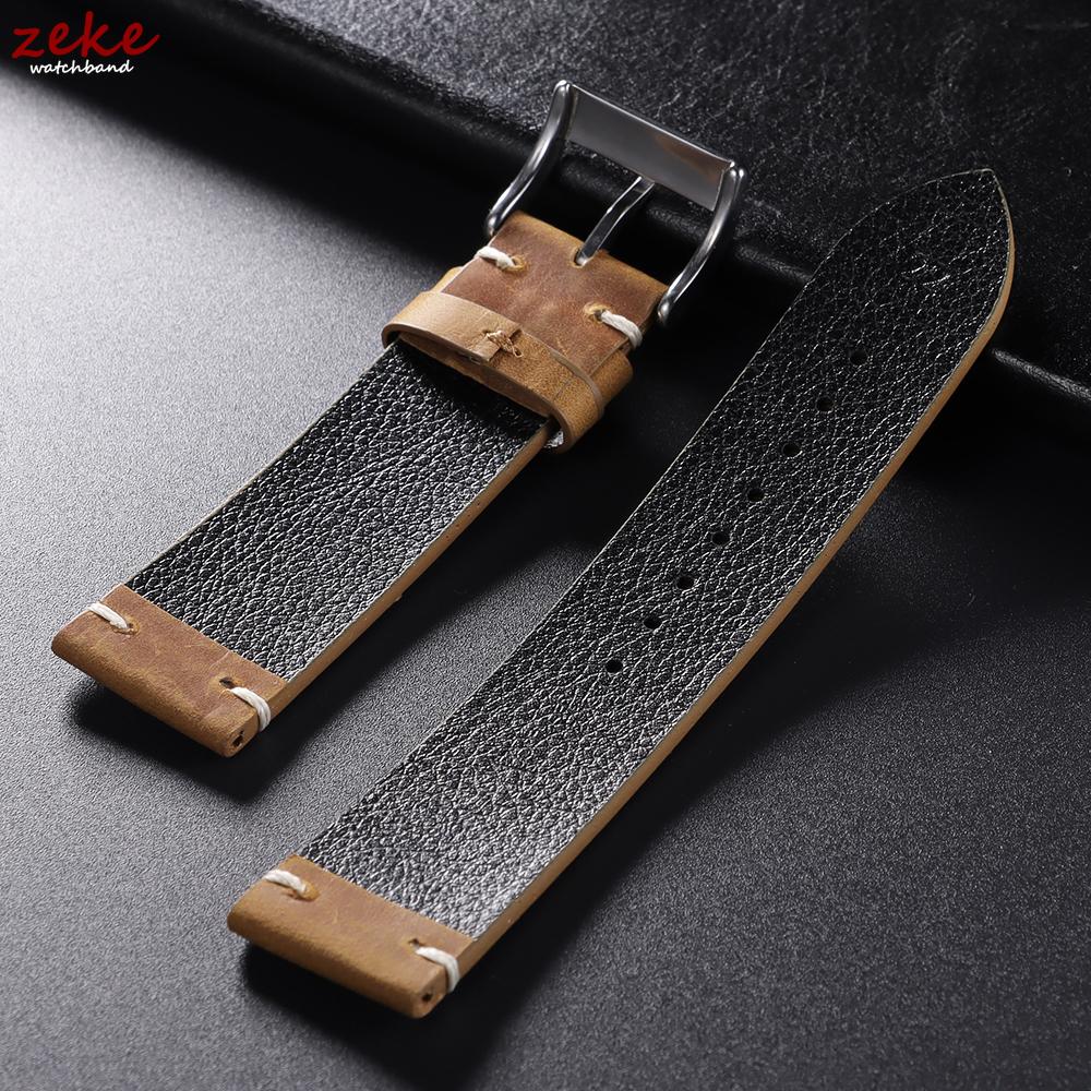 Vintage Calfskin Watch Band 18mm 20mm 21mm 22mm Handmade Stitching Cowhide Strap for Omega for Seiko Men's Brown Black Wristband