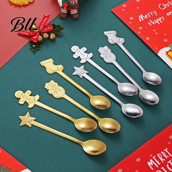 Elegant Table Decor for Parties 4Pcs Christmas Dessert Spoons, Stainless Steel Coffee Spoons with Gingerbread Star Shaped Stirring Man Stocking