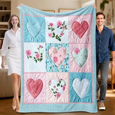 1 Stück Flanelldecke im floralen Herz-Design, weiches Blau und Rosa, geeignet für Sofa, Bett, Büro, ganzjährig verwendbar.