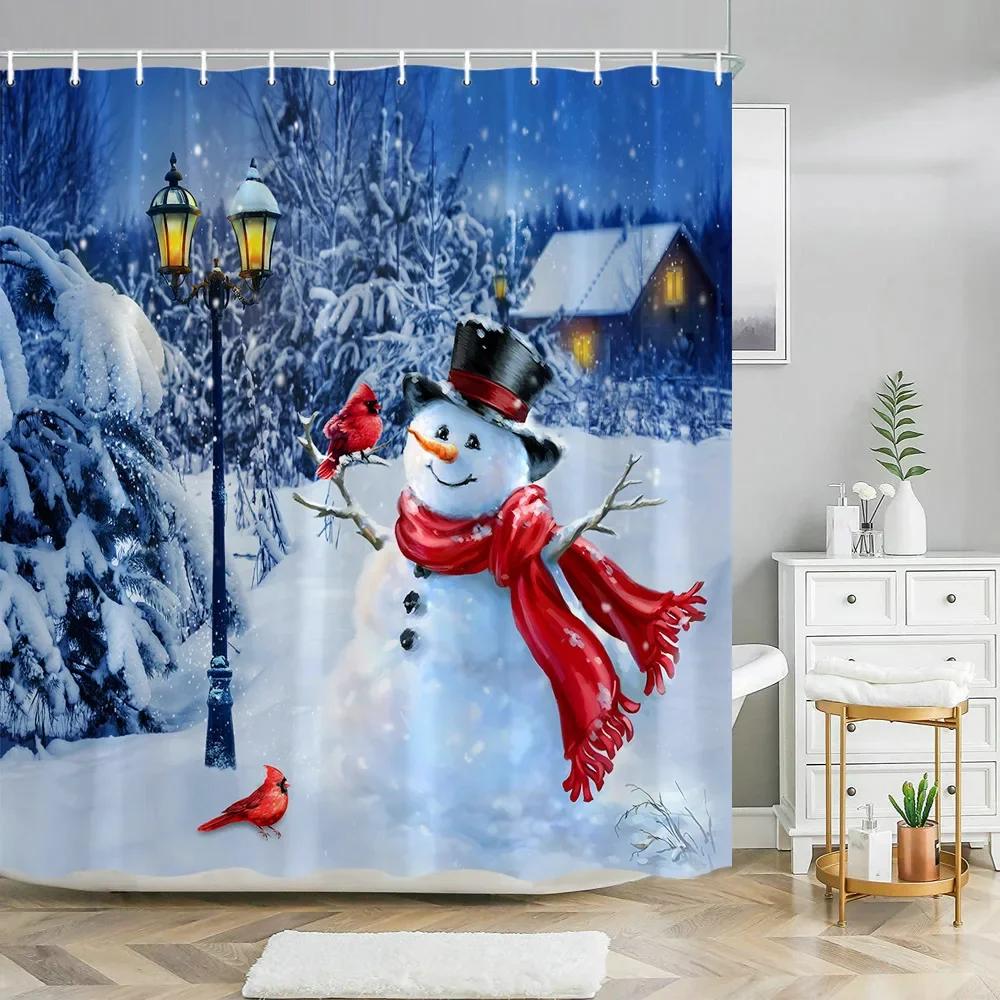Xmas Decorative Shower Curtains Fireplace Christmas Tree Winter New Year Gift Bathroom Decor Fabric Bath Curtian Hanging