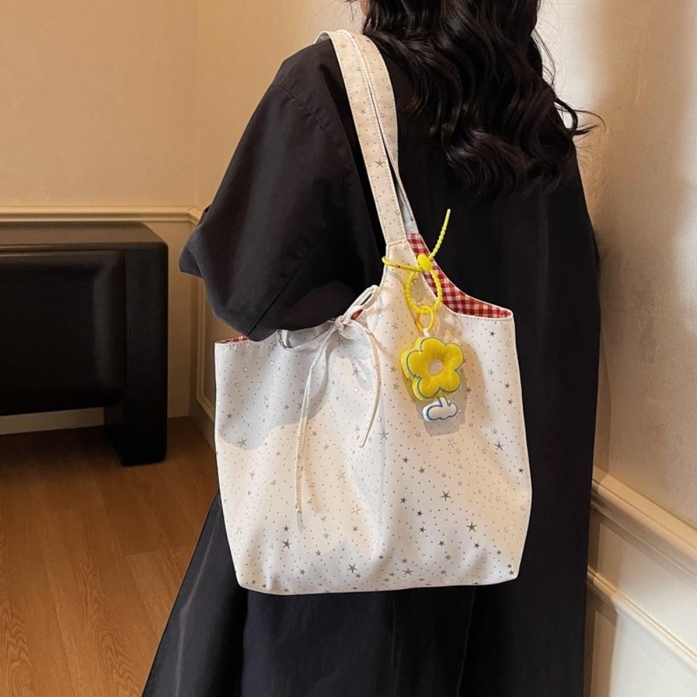 New Double-sided Shoulder Bag Plaid Canvas Versatile Handbag Korean Style Lightweight Canvas Bag Casual Commute