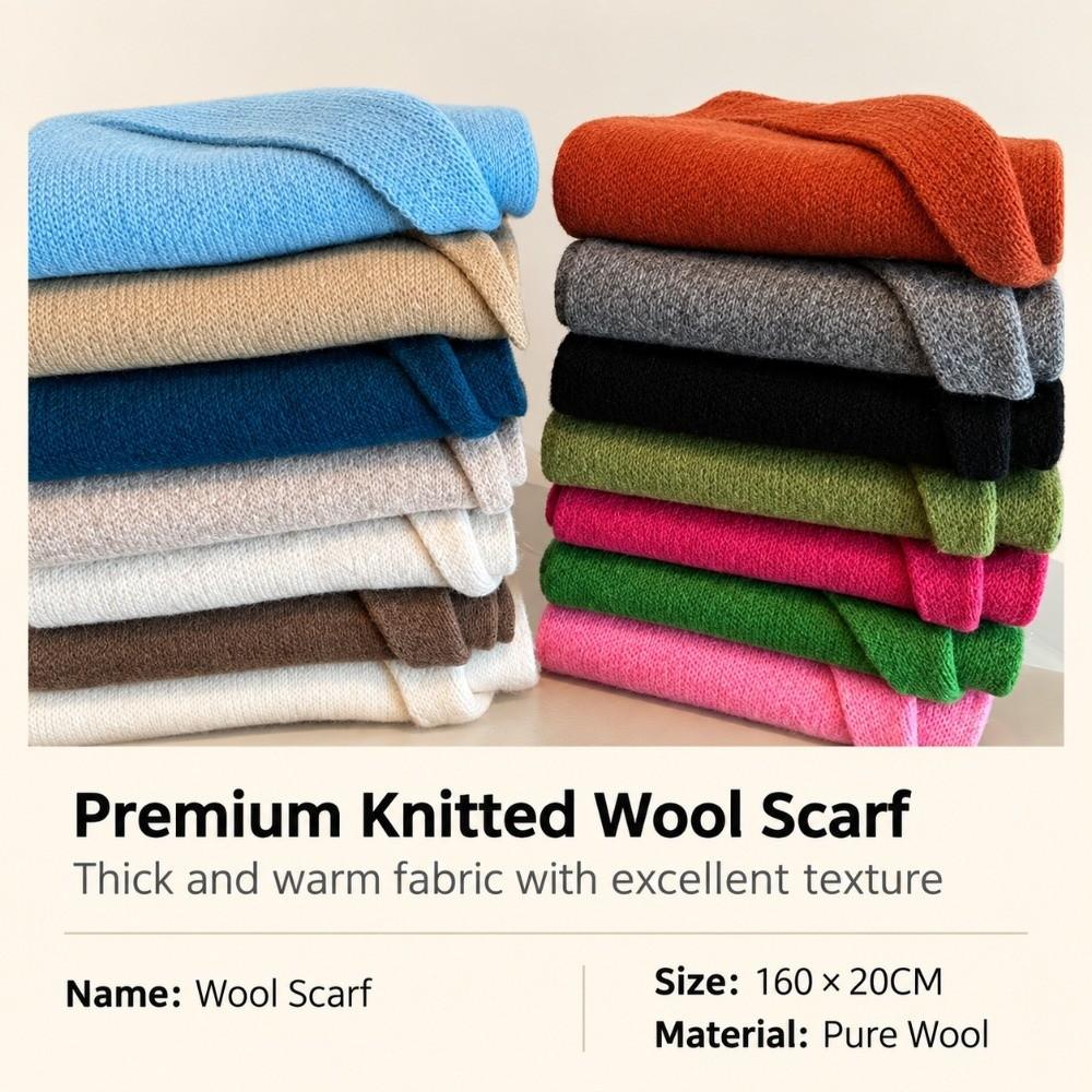 Solid Color Pure Wool Scarf Skin-Friendly Neck Warmer Wrap Wool Knitted Scarf  Autumn Winter