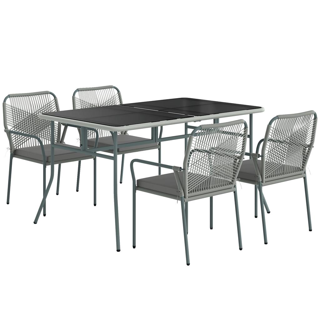 Five-Piece PE Rattan Garden Dining Set with Cushions & Stackable Chairs - Light Grey