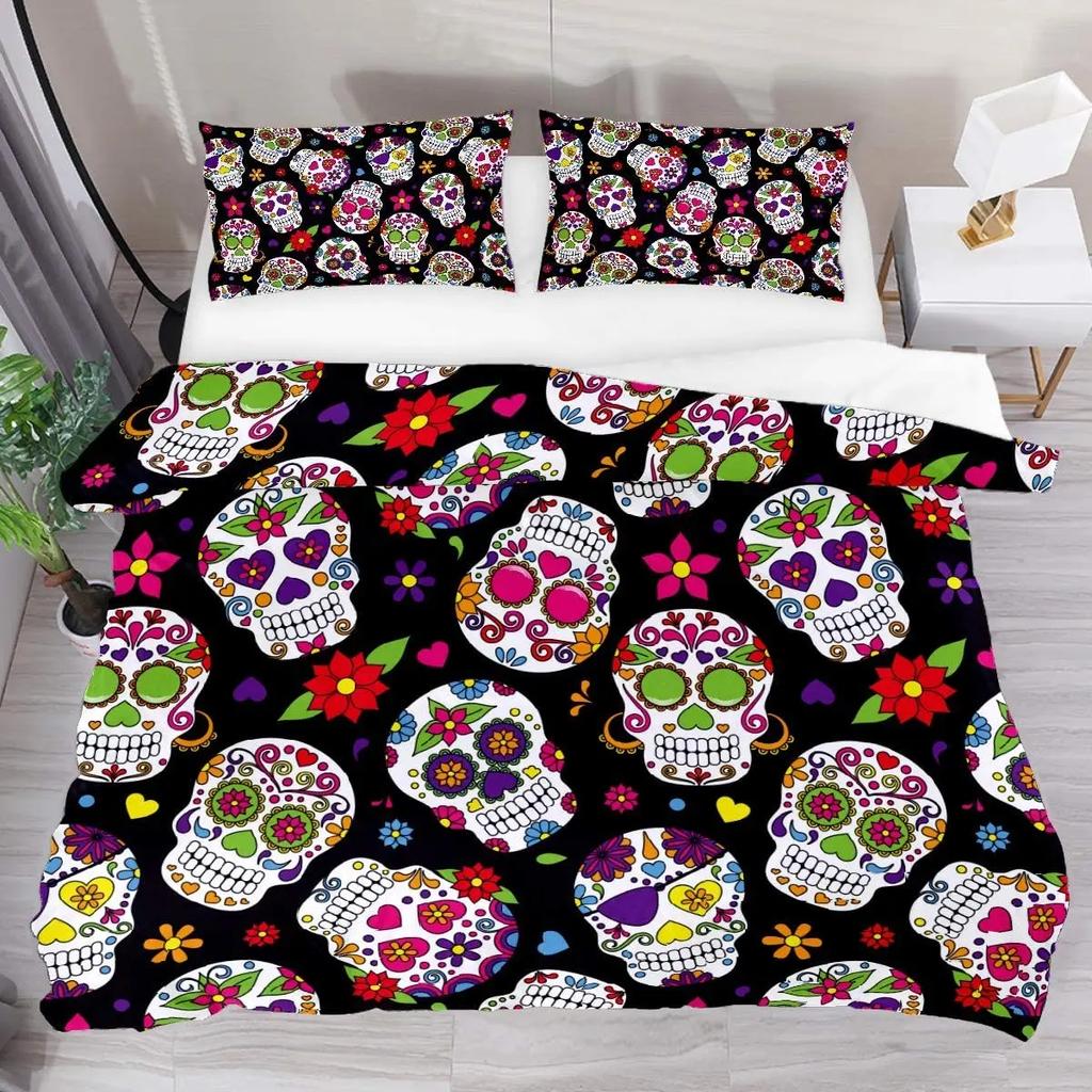 Sugar Skull Duvet Cover Set, Monochrome Skull with Roses Leaves and Diamond Shape Folklore Festival Print,Decorative Bedding Set