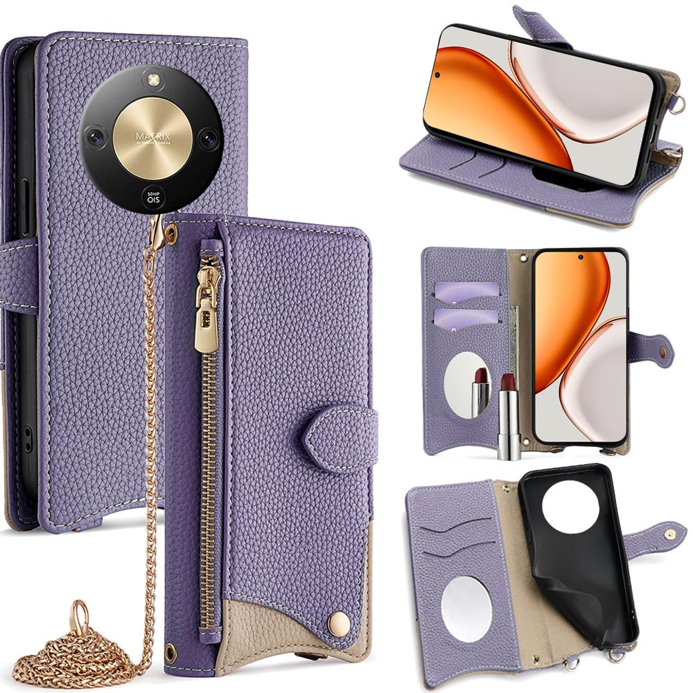 For Honor X70 5G Leather Case Wallet Stand Cover Irregular Tail Style with Chain Strap