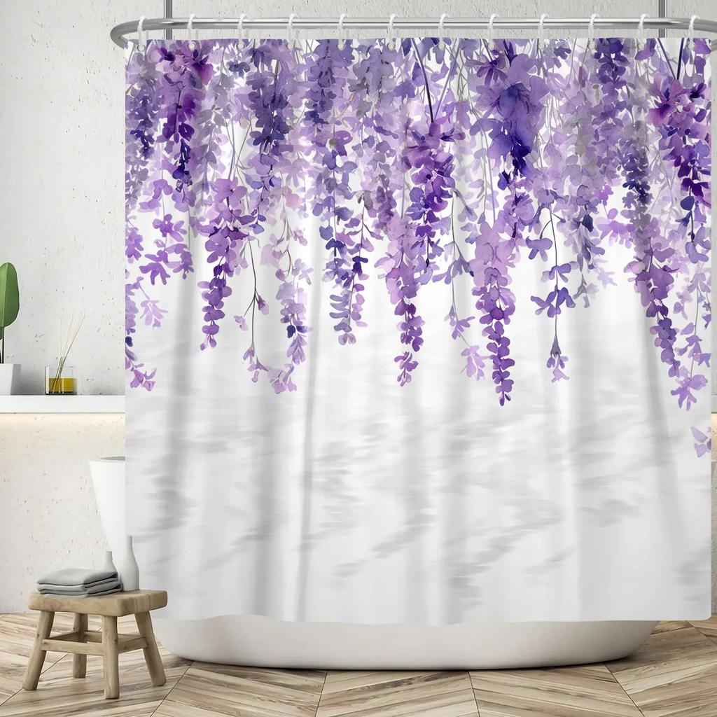 Top Fresh Watercolor Plants And Flowers Leaf Pattern Bathroom Shower Curtain Home Decoration Waterproof Tape Hooks