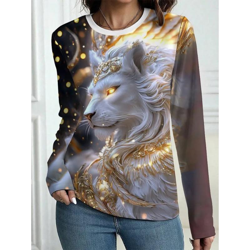 Autumn and Winter Women's Animal 3D Printed Crew Neck Long Sleeve T-Shirt