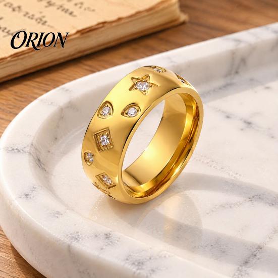 Titanium Steel Ring with Rhinestones, Star Geometric Pattern Band for Daily Wear Jewelry Men Women, Anti-Tarnish Hypoallergenic Finger Ring, Gift Him
