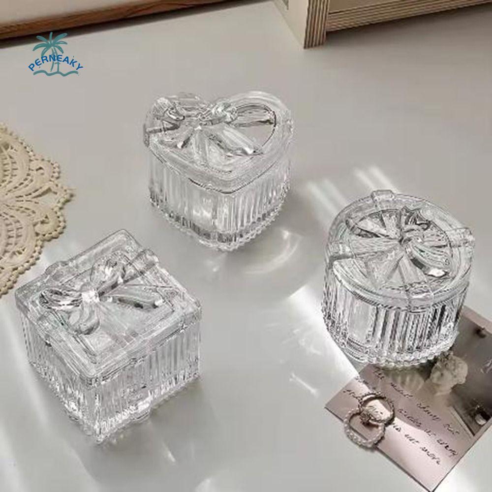 3Pcs Transparent Crystal Glass Jewelry Storage Box Heart-Shaped Decorative Ring Earrings Gift Boxes with Lid Exquisite