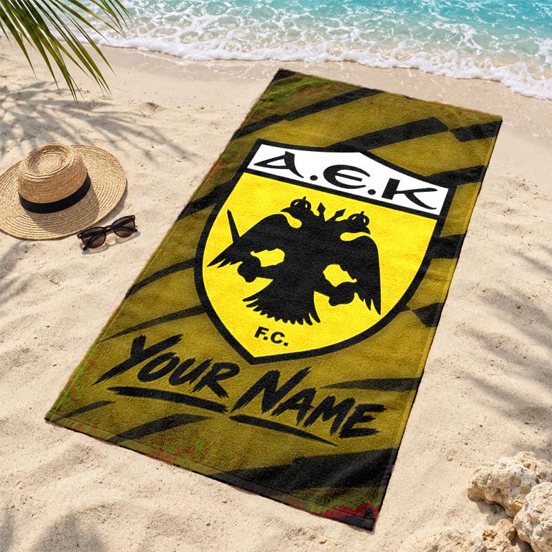 AEK Athens Custom Name Beach towels also serve as bath towels summer essential a musthave for the outdoors the beach and the pool