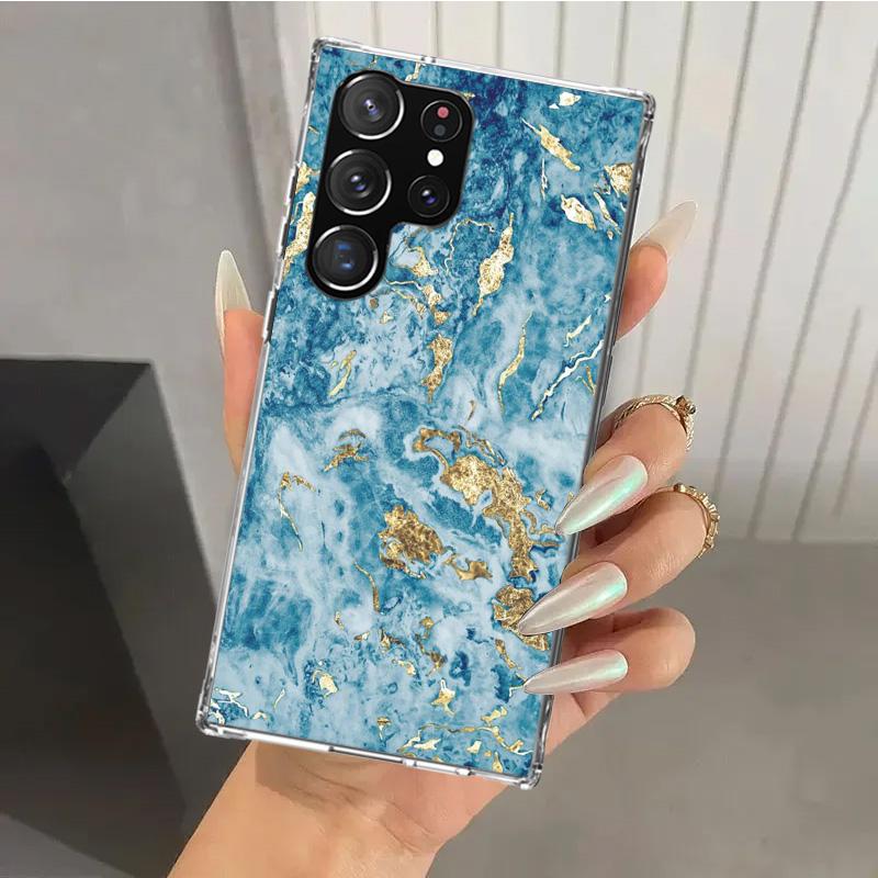 Fashion Gold Pink Geometric Marble Phone Case for Samsung Galaxy S26 S24 S23 Ultra S25 Edge S22 S21 Plus S20 FE + Soft Print She