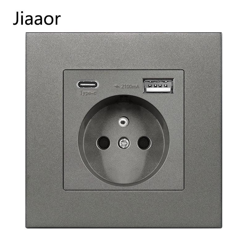 16A Grau Französische Doppel-Gang-Schalter- & Steckdosenleiste mit USB+Typ C, Unterputzmontage, Typ 86