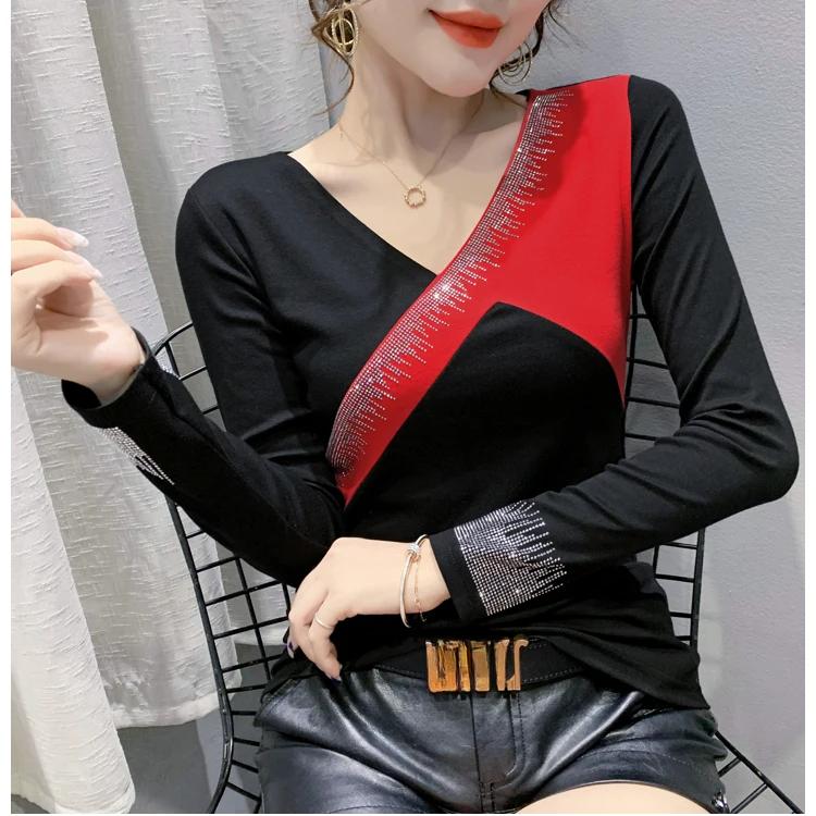 Spring Autumn Streetwear Girls Long Sleeve Cotton T-Shirt Clothes Fashion Contrast Color Patchwork Sexy Hot Diamonds Women Tops Tees
