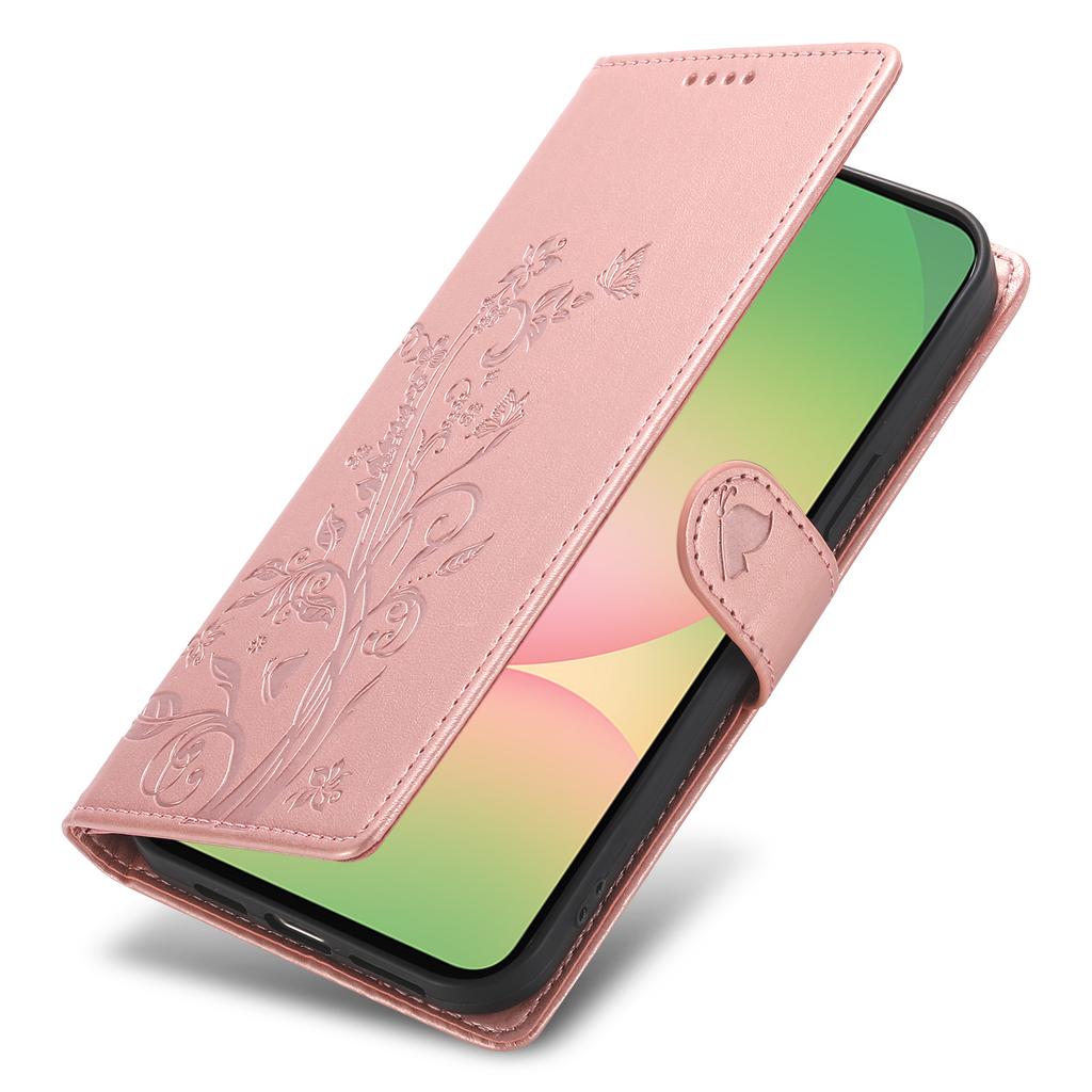 For Samsung Galaxy A56 5G Wallet Case Butterfly Floral Imprint PU Leather Phone Cover with Wrist Strap