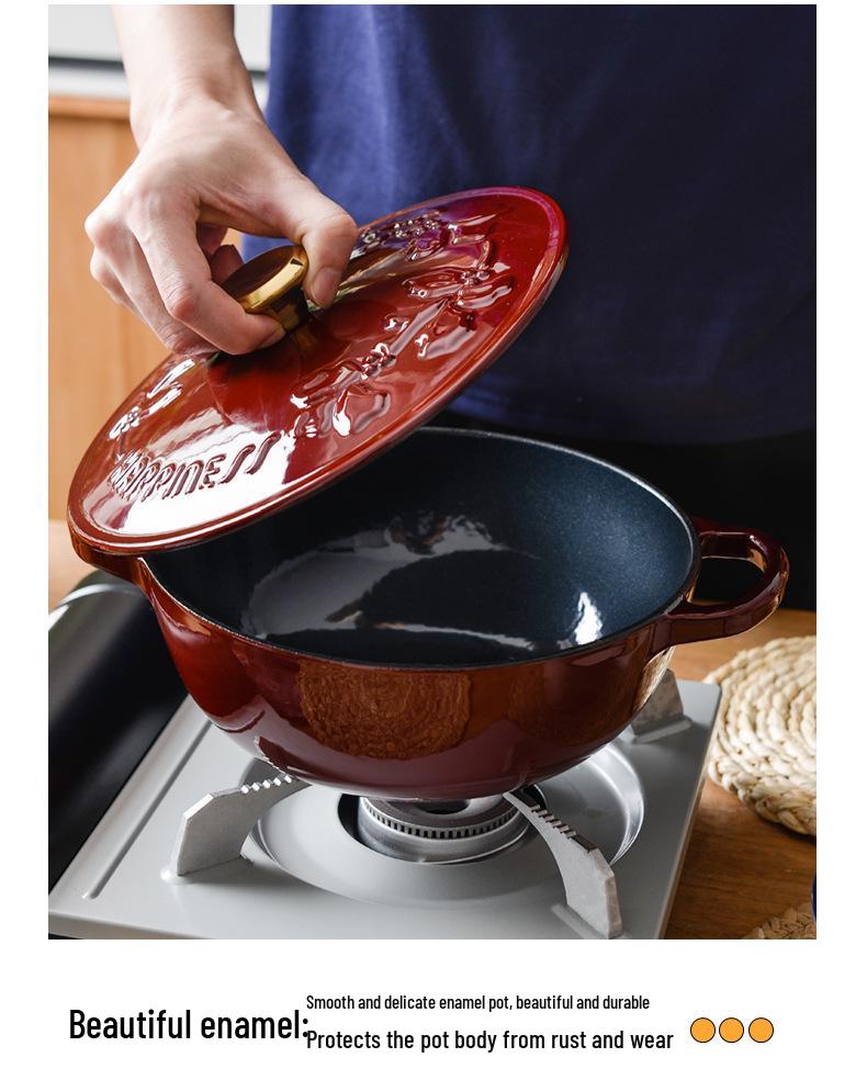 Little Happiness 23cm Non-stick Enamel Embossed Soup & Stew Pot, Induction Compatible
