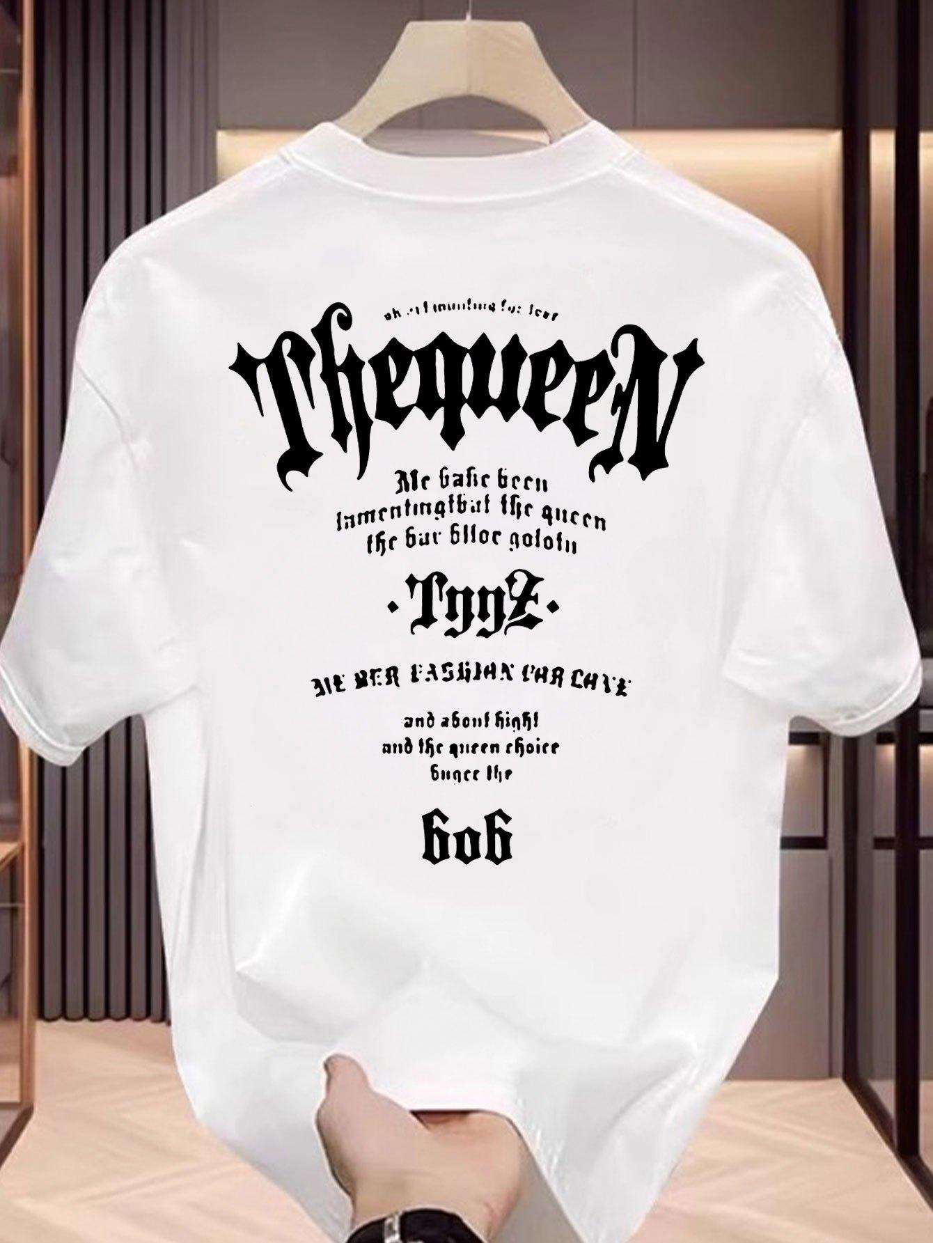 

Mens Gothic Queen Letter Printed Cotton Tshirt Black and White Back Pattern Round Neck Short Sleeve Casual Summer Top 4XL