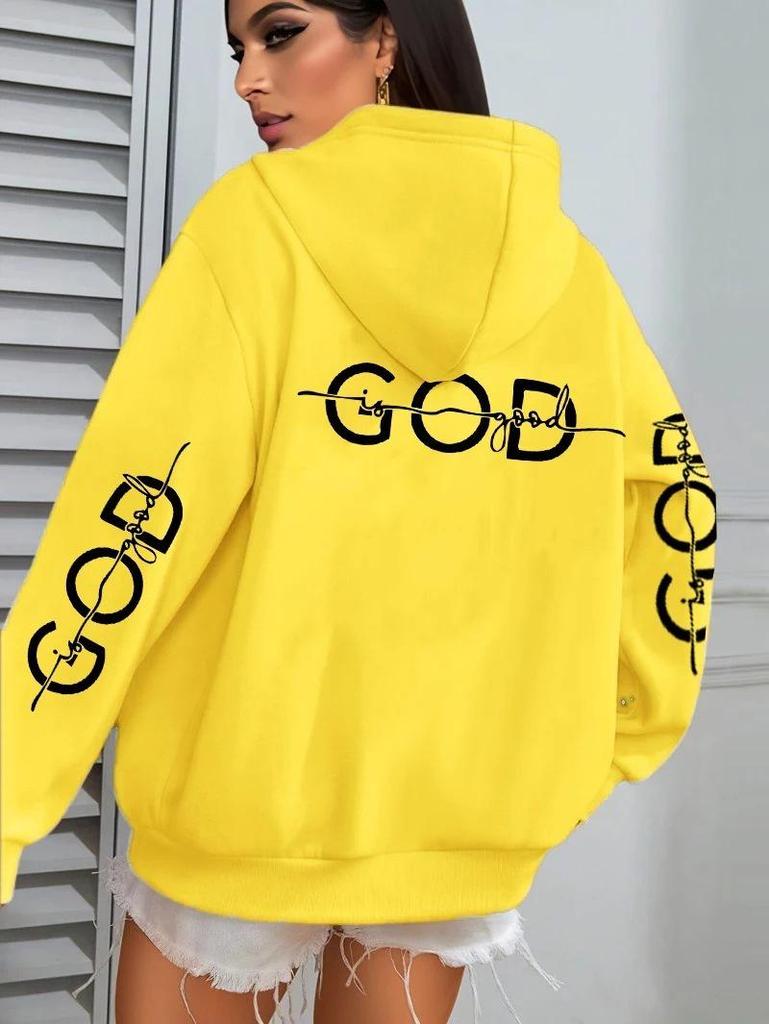 GOD Art Letter Print Women's Hooded Sweatshirt - Autumn Casual Pullover