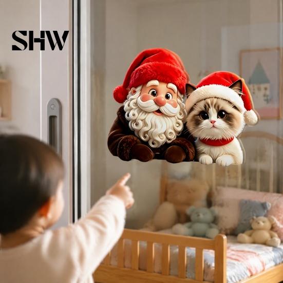 Festive Window Art for Holidays Christmas Santa Claus & Cat Static Clings, PVC Waterproof Glass Stickers, Seasonal Home Decor Windows Decorative