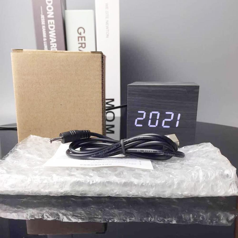 Wooden Digital Alarm Clock Voice Control Electronic Desktop Clock USB/Battery Powered LED Clock Art Ornament for Home Decoration