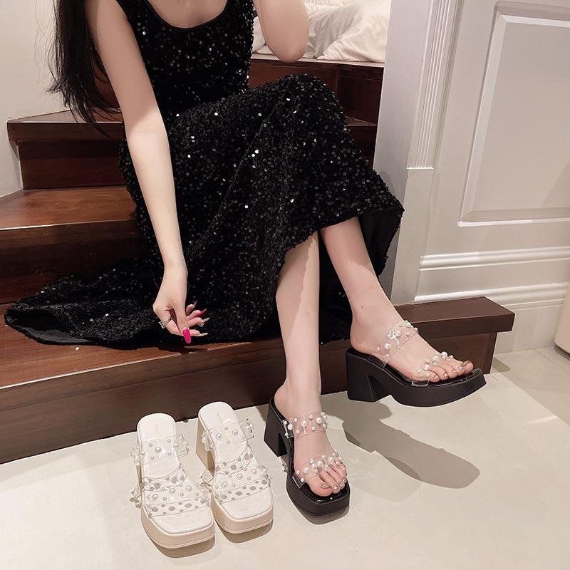 High-heeled sandals women's summer crystal ribbon rhinestone high-heeled slippers outside commuting skirt slippers