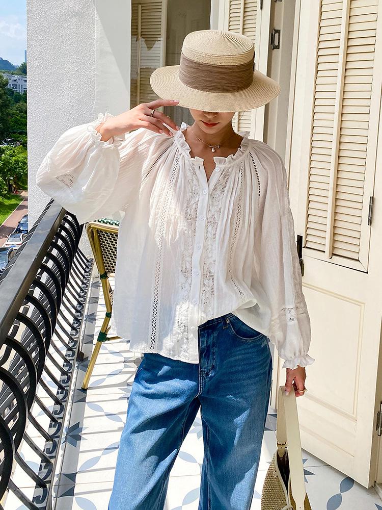 Autumn French Design Women's White Cotton Long Sleeve Shirt - Holiday Style Cardigan