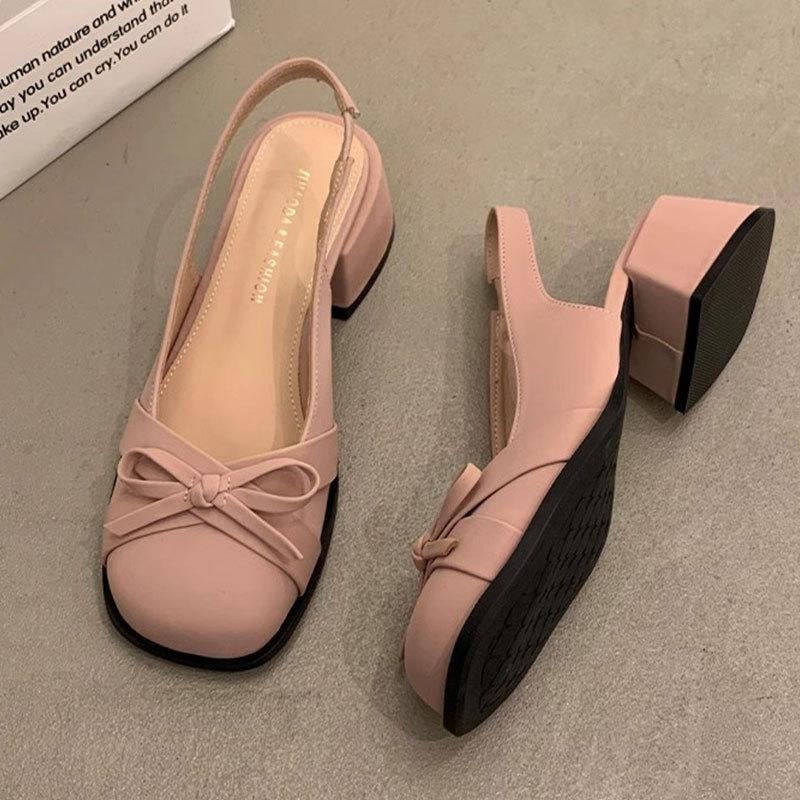 French Bow Bag Head Sandals Women's Summer New with Skirt Temperament Medium Heel Single Shoes Thick Heel High Heels