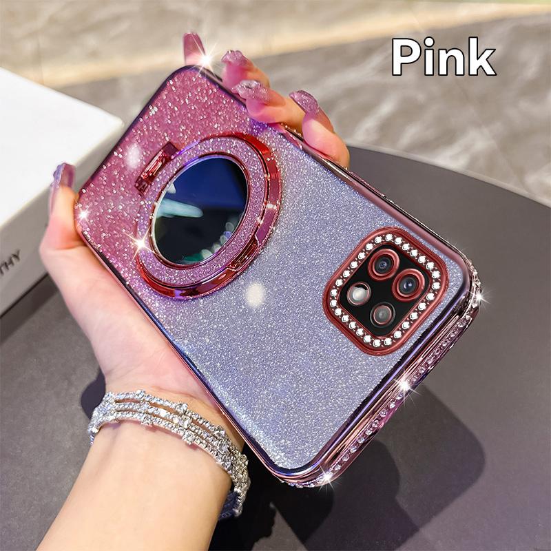 KEYSION Luxury Glitter Jewelled Magnetic Phone Case for Samsung Galaxy A22 A22S 5G A12 M12 Makeup Mirror Stand Shockproof Cover