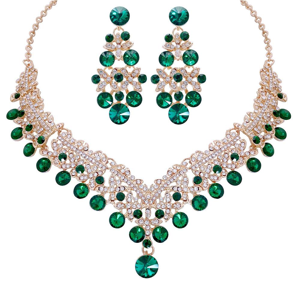 Exquisite Colored Rhinestone Necklace Earrings Set Party Dress Accessories Necklace