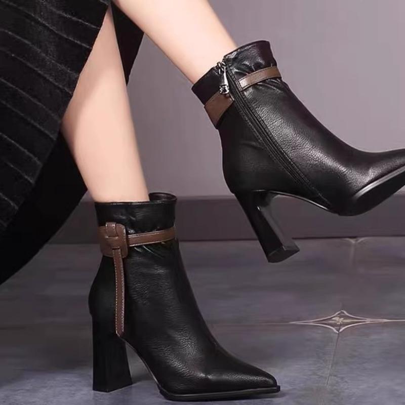 High-heeled Short Boots Women's Autumn and Winter New Pointed Thick-heeled Fashion Boots Belt Buckle Color Matching Temperament Versatile Martin Boots