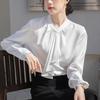 [SYitong] Women's Long-Sleeved Plain Blouse, Stylish, Washable, Collarless, White/Pink, Lined, Business/Office, Cute, Popular, Date, Outing, Commuting
