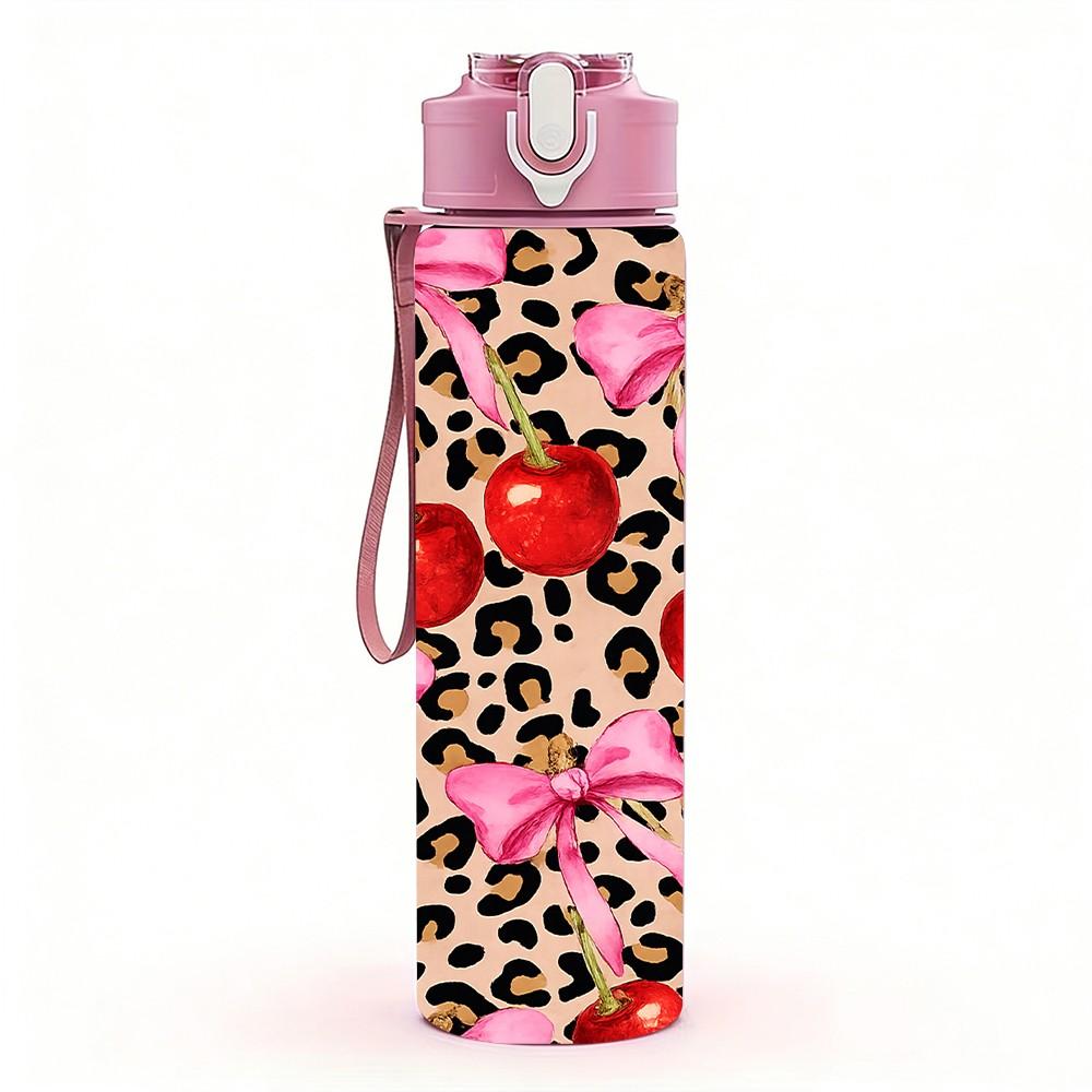 1PC Leopard Print Red Cherry Fruit Print 750ml Color Plastic Sports Water Bottle Leakproof Flip Straw Lid Suitable for Sports Office Home Use
