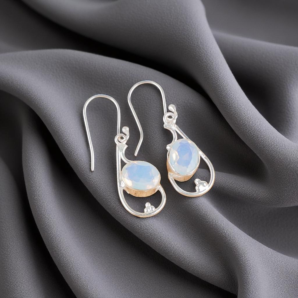 Milky Opal Gemstone 925 Sterling Silver Jewelry Handmade Dangle Earrings 1.60" EE-49-17