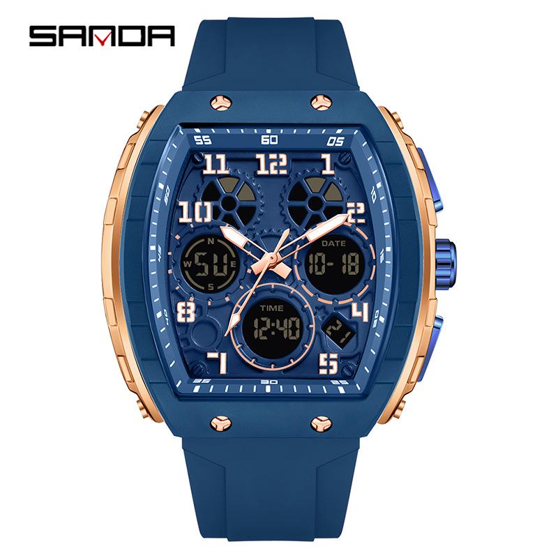 SANDA Youth Barrel-Shaped Sports Watch: Stylish, Multifunctional, Waterproof, and Countdown Features.