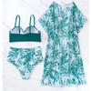 Women Three Piece Swimsuit Set With Leaf Print High Waist Bikini And Sheer Cover Up For Beach Swimming Water Sport Adult Summer Wear