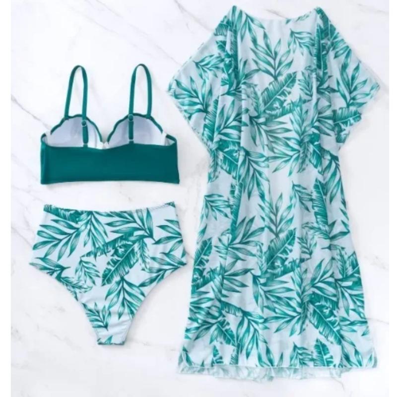 Women Three Piece Swimsuit Set With Leaf Print High Waist Bikini And Sheer Cover Up For Beach Swimming Water Sport Adult Summer Wear