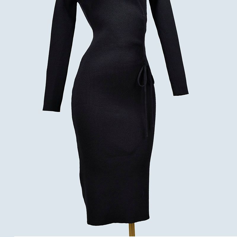 Autumn and Winter V-neck Pleated Drawstring Waist-Tight Slim Looking Mid Length Long Length Package Hip over-the-Knee Knitting Dress Match with Coat