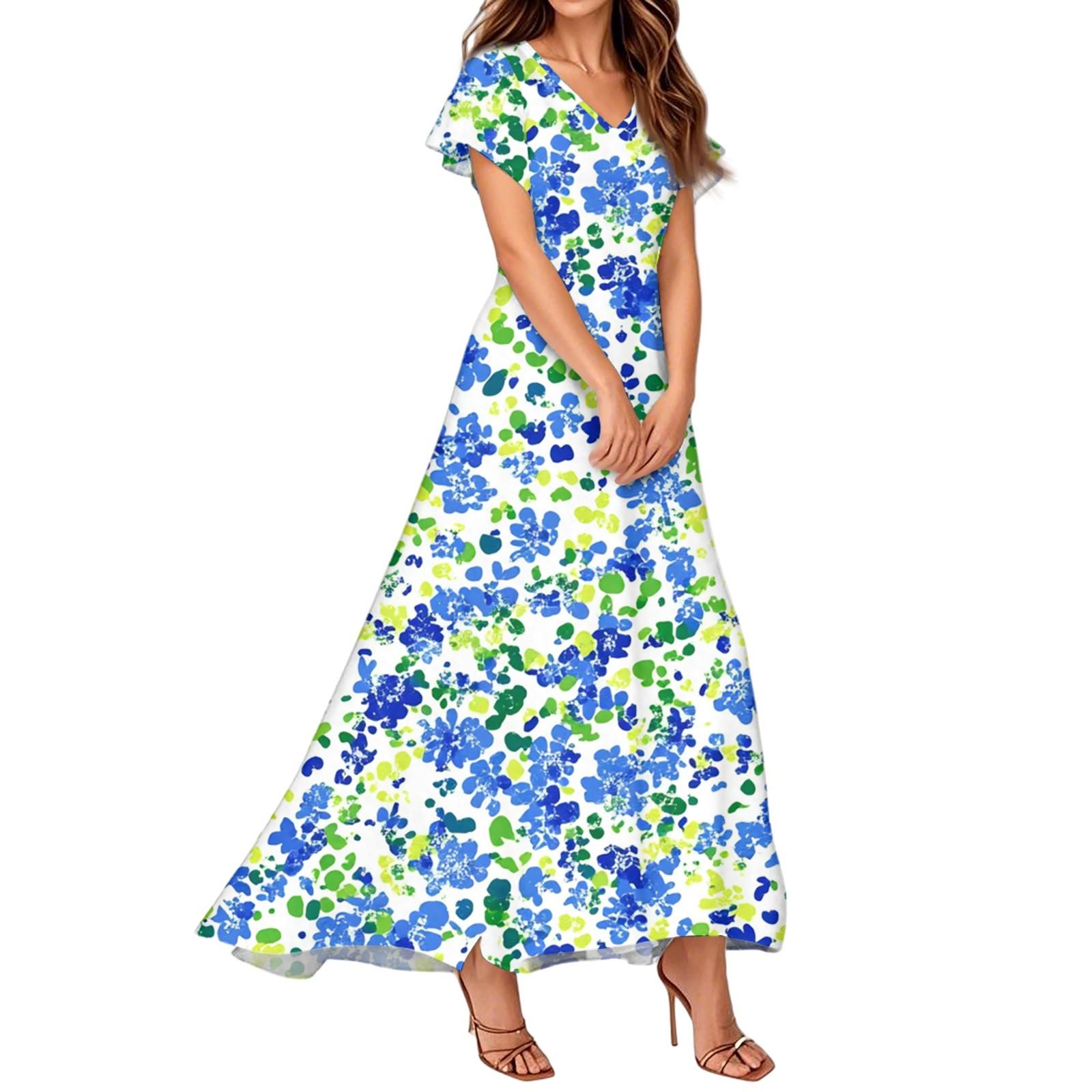 

Женские летние платья Повседневный сарафан Свободные платья с V-образным вырезом и струящимися оборками с короткими рукавами L зелёный