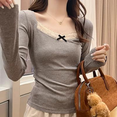 Lace Pure Desire Bottoming Shirt T-shirt for Women 2024 Spring and Autumn New Low-neck Slim Long-sleeved Inner Collarbone Top