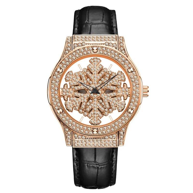 UTHAI L58 Watch For Women Light Luxury Leather Strap 360 Degrees Rotary Snowflake Hollow Diamond Ladies Watches Waterproof Clock