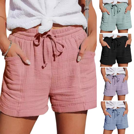 Women's Summer Shorts Drawstring Elastic Waist Cotton Linen Shorts Casual High Waisted Beach