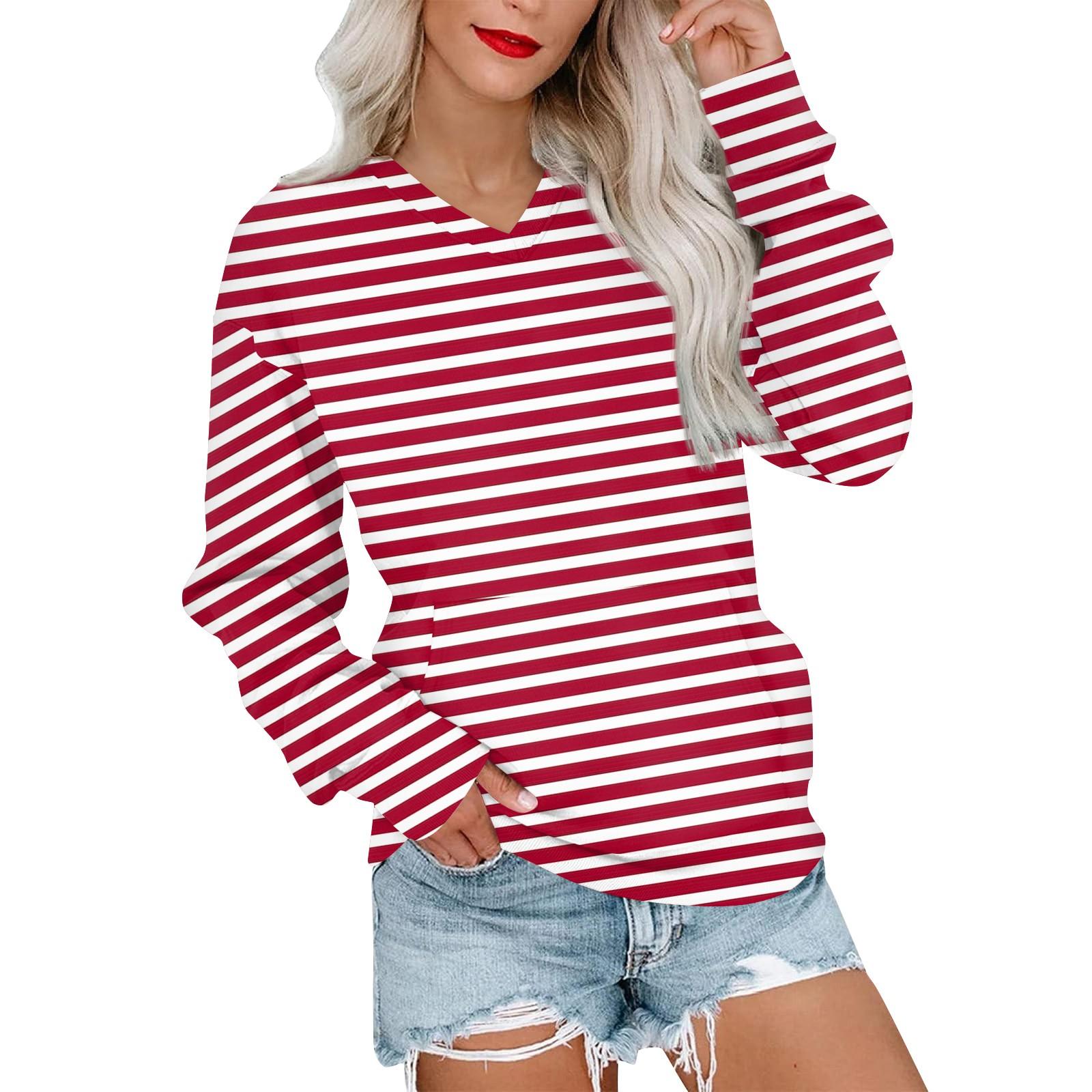 

Жіночий повсякденний модний смугастий світшот з V-подібним вирізом і довгими рукавами Легкий пуловер з кишенями S