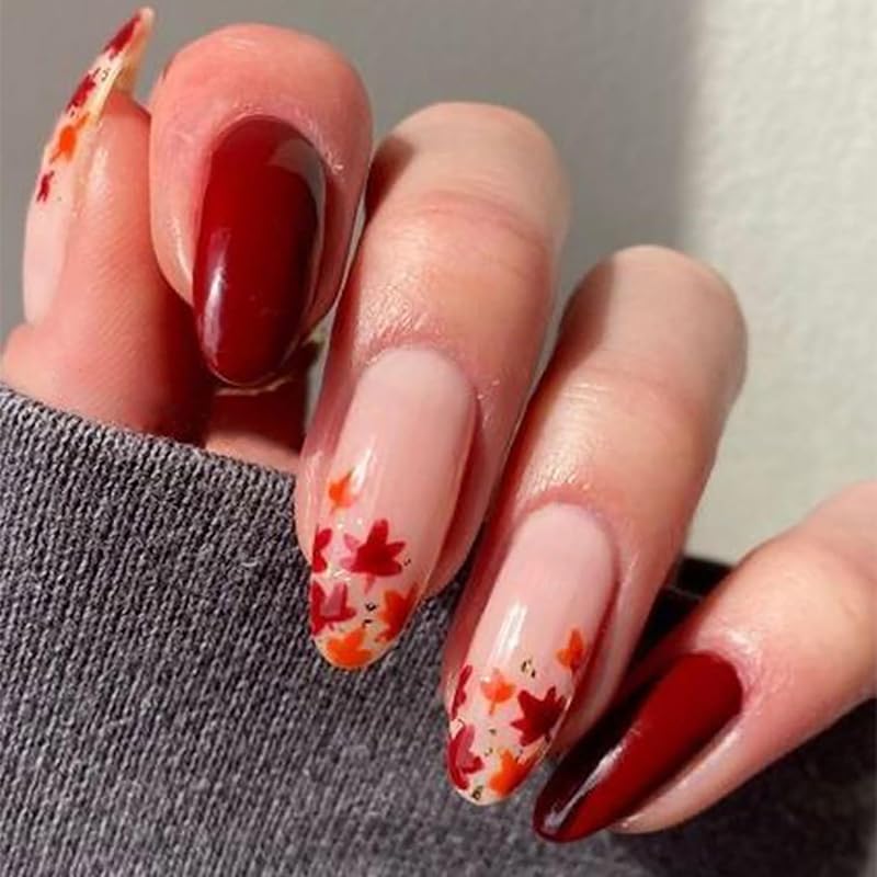 Fall Leaf Press On Nails Thanksgiving Fake Nails with Rhinestones Design Long Almond Autumn Acrylic Nail Glossy Maple Leaves Glue On Nail for Women