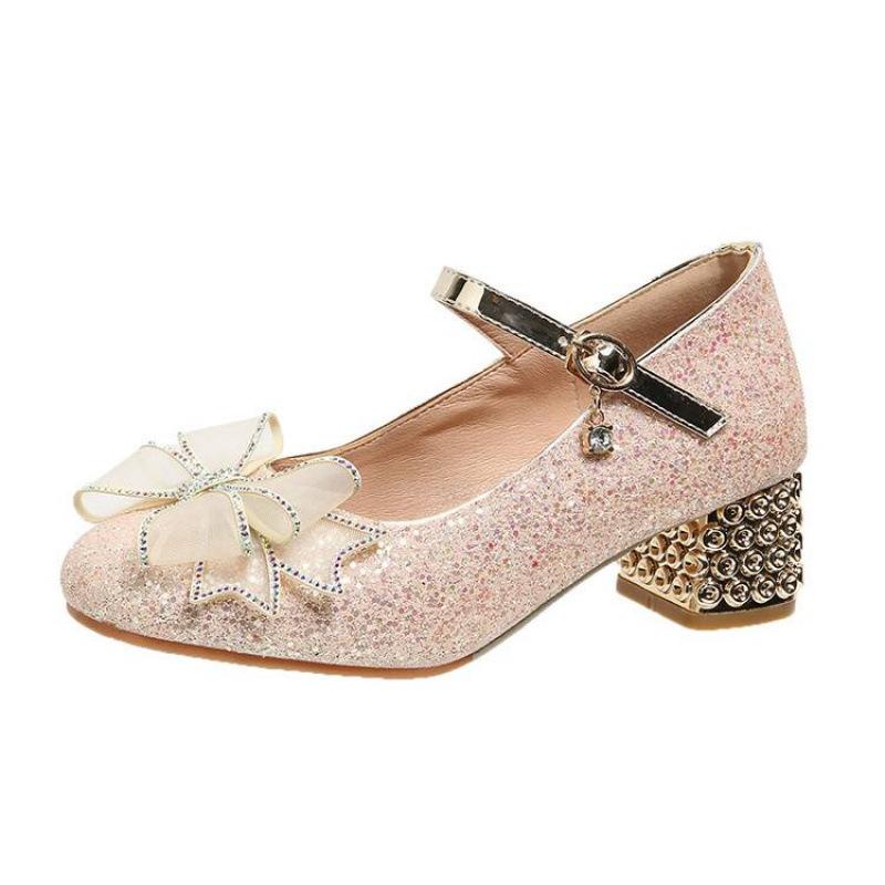New Girls Crystal Shoes Beef Tendon Soft Sole Non-slip Girls Student Shoes Four Seasons Older Children's Shoes Buckle Sequined Princess Shoes