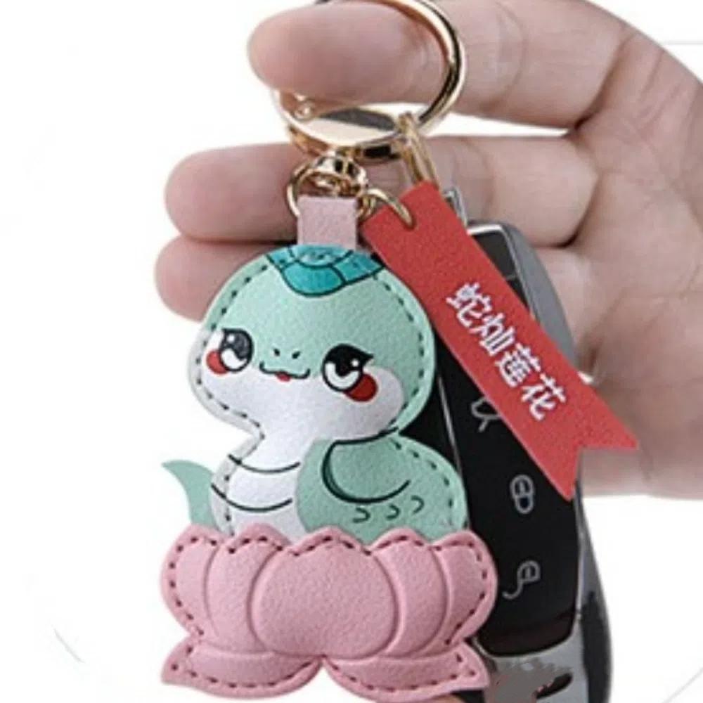 Spring Festival Cartoon Lotus Pendant Good Luck New Year Key Ring Fashion Snake Keychain  Bag Charm