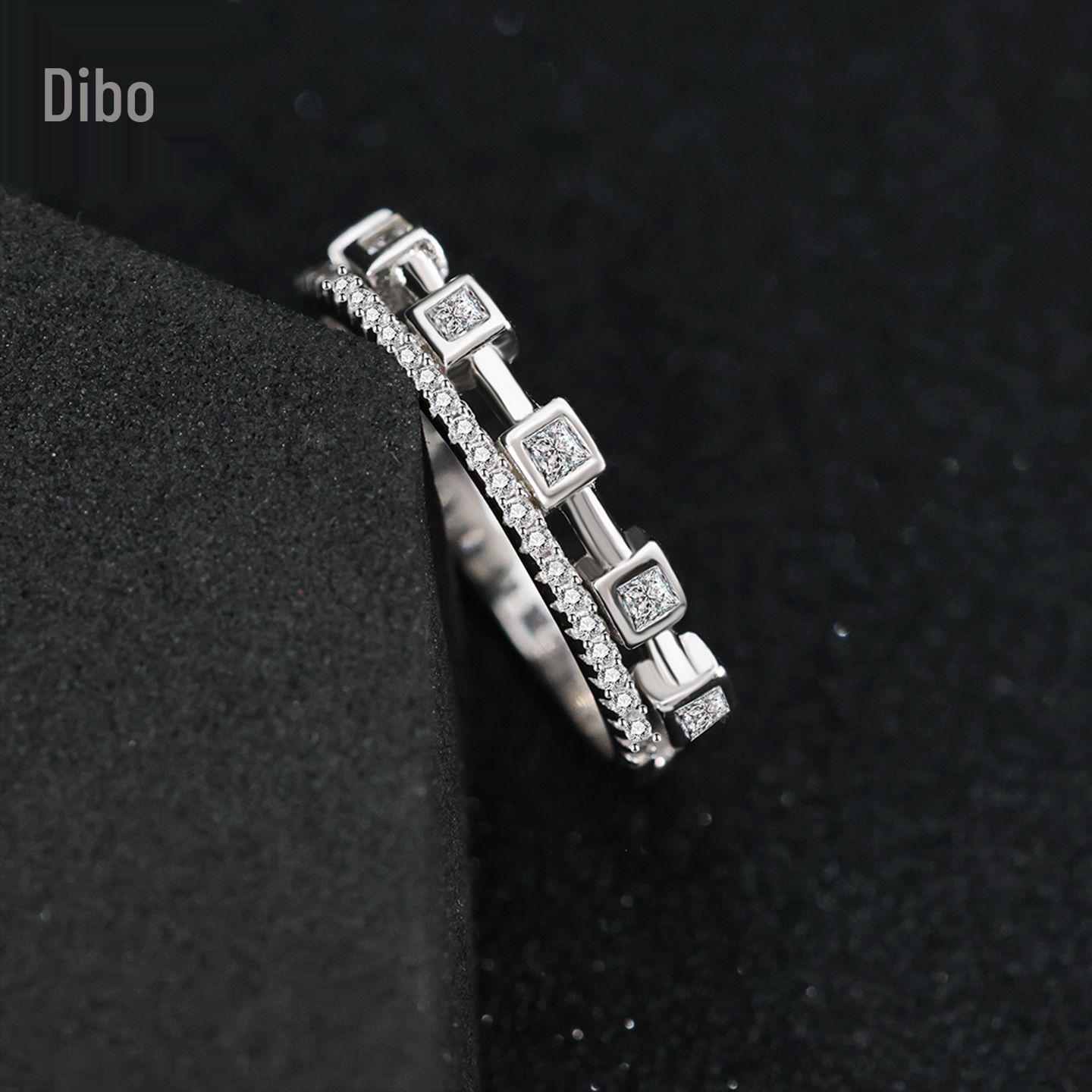 Dibo S925 Sterling Silver Women s Inlaid Diamond Double Layer Ring - European & American Fashion Size 6