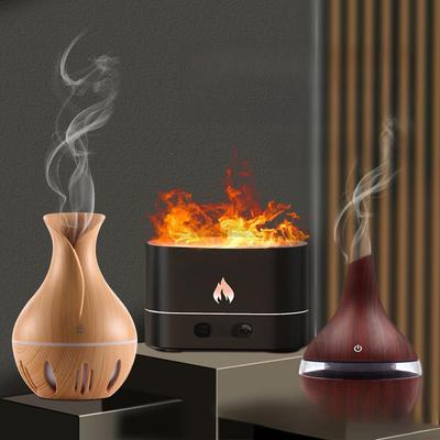 Přeshraniční zvlhčovač s dřevěnou texturou pro aromaterapii: Tichý, Barevná LED, Efekt plamene, Difuzér vůně, Doplnění vody